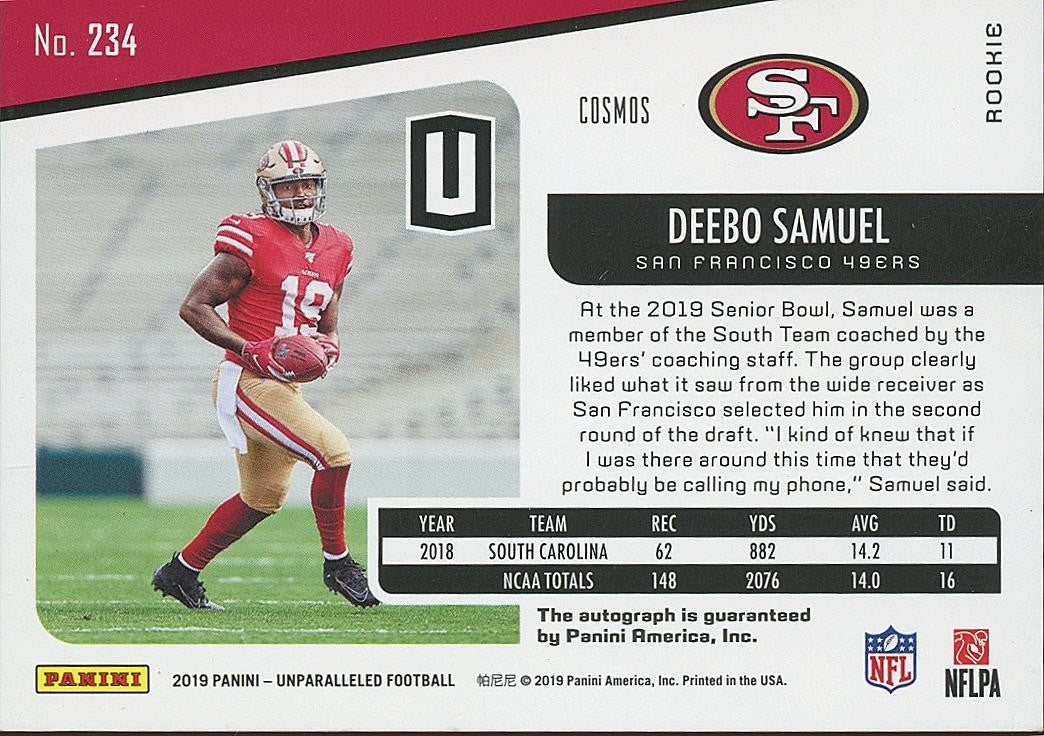 Deebo Samuel 2019 Unparalleled Cosmos SSP Auto Autograph RC San Francisco 49ers