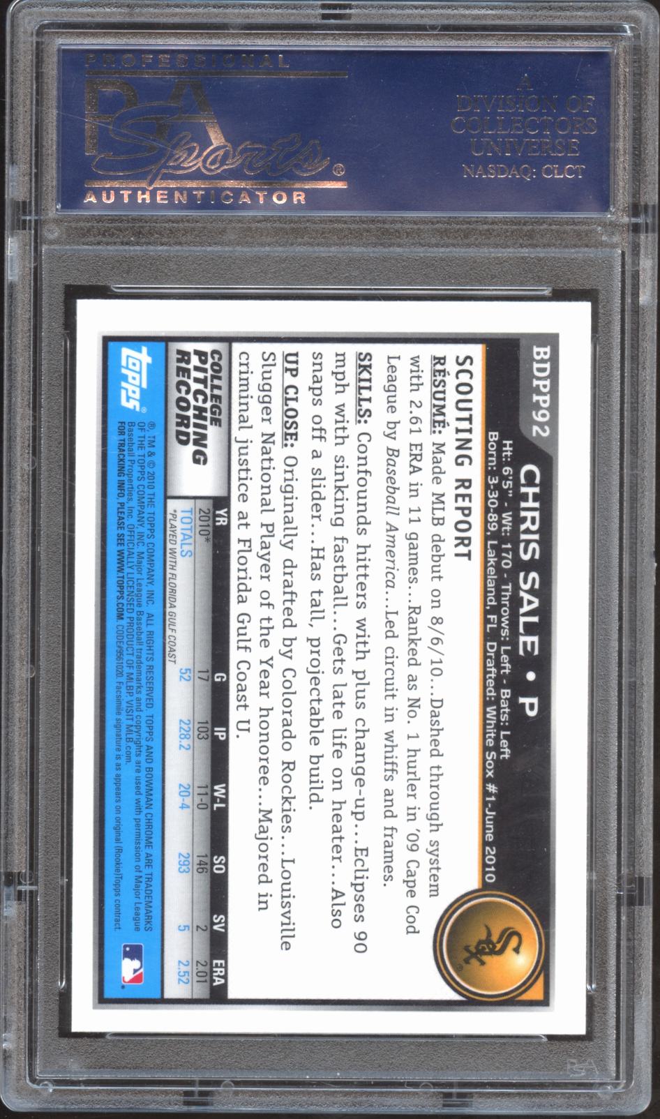 Chris Sale 2010 Bowman Chrome 1st Rookie RC Chicago White Sox #92 PSA 10