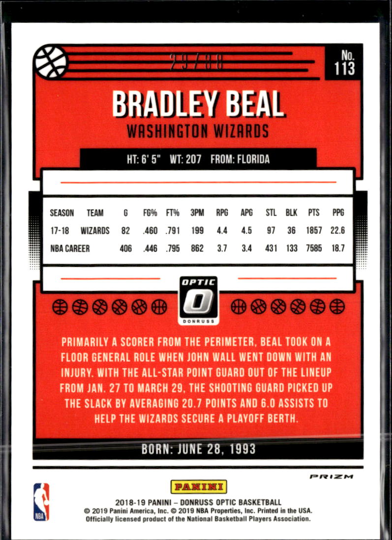 Bradley Beal 2019-19 Optic Red Choice Prizm 29/88 Washington Wizards