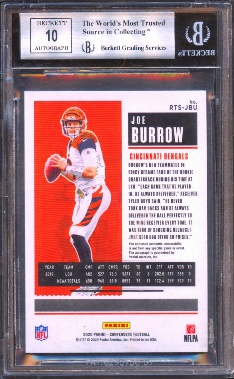 Joe Burrow 2020 Contenders Auto Autograph Patch RC Cincinnati Bengals BGS 9