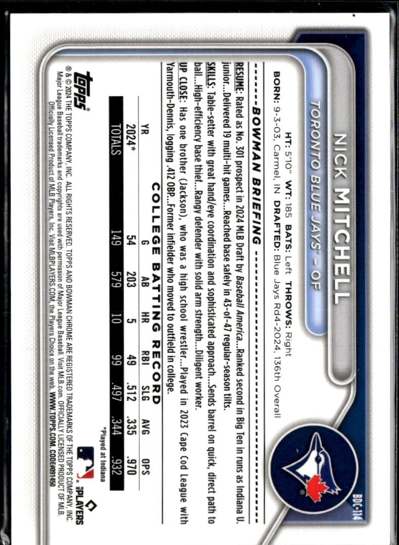 Nick Mitchell 2024 Bowman Chrome Sapphire 1st Red Refractor 5/5 Blue Jays