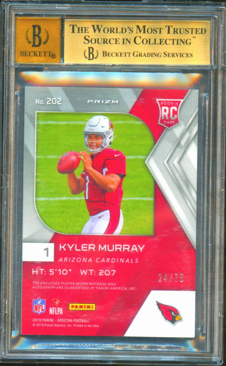 Kyler Murray 2019 Spectra Auto Autograph Patch RC Arizona Cardinals /75 BGS 9.5