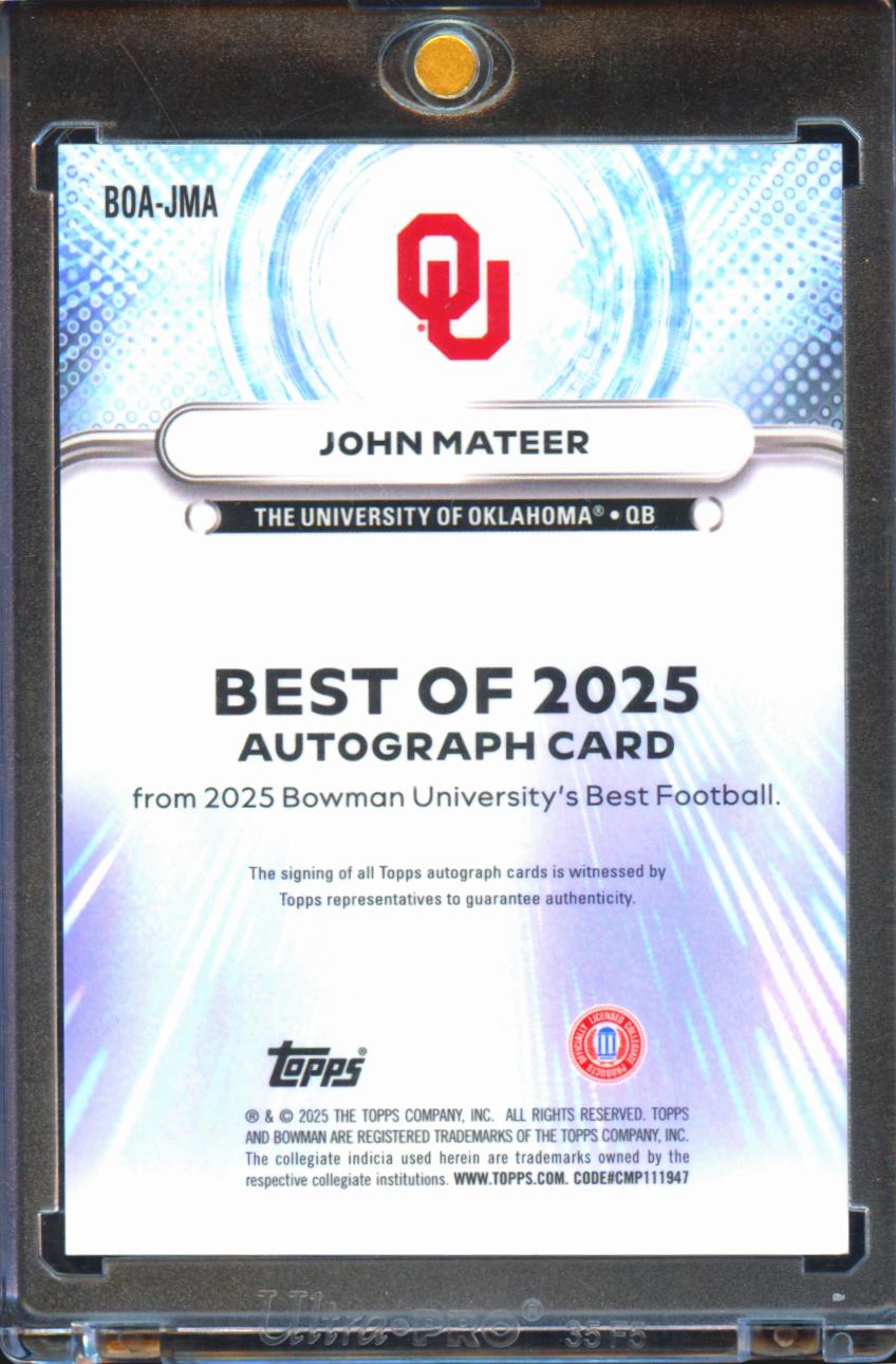 John Mateer 2025 Bowman's Best Blue Auto Autograph RC Oklahoma Sooners 133/150