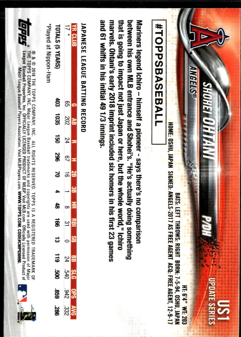 Shohei Ohtani 2018 Topps Update Series Rookie RC #US1 Los Angeles Angels