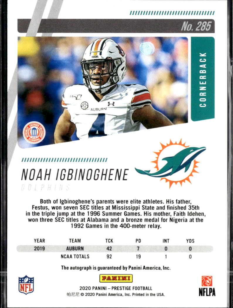 Noah Igbinoghene 2020 Prestige Auto Autograph RC Auburn Tigers Miami Dolphins