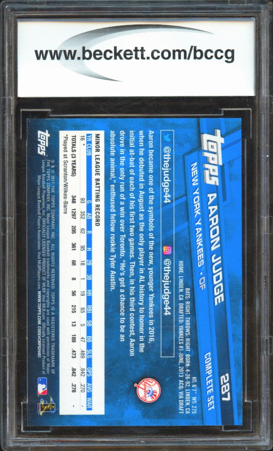 Aaron Judge 2017 Topps Rookie RC Factory Set #287 BCCG 10 New York Yankees