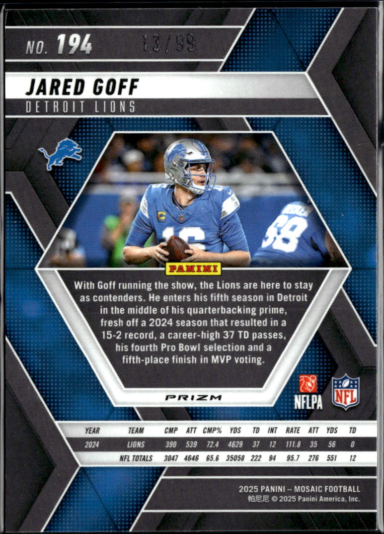 Jared Goff 2025 Mosaic Blue Disco Prizm 13/99 Detroit Lions