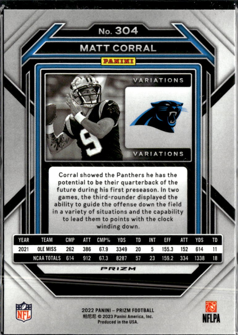 Matt Corral 2022 Prizm Variation RC Disco Carolina Panthers