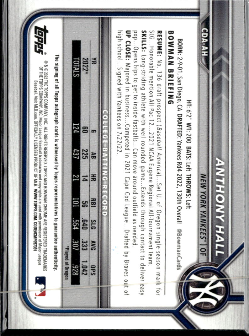 Anthony Hall 2022 Bowman Chrome 1st Auto Autograph GOLD /50 New York Yankees