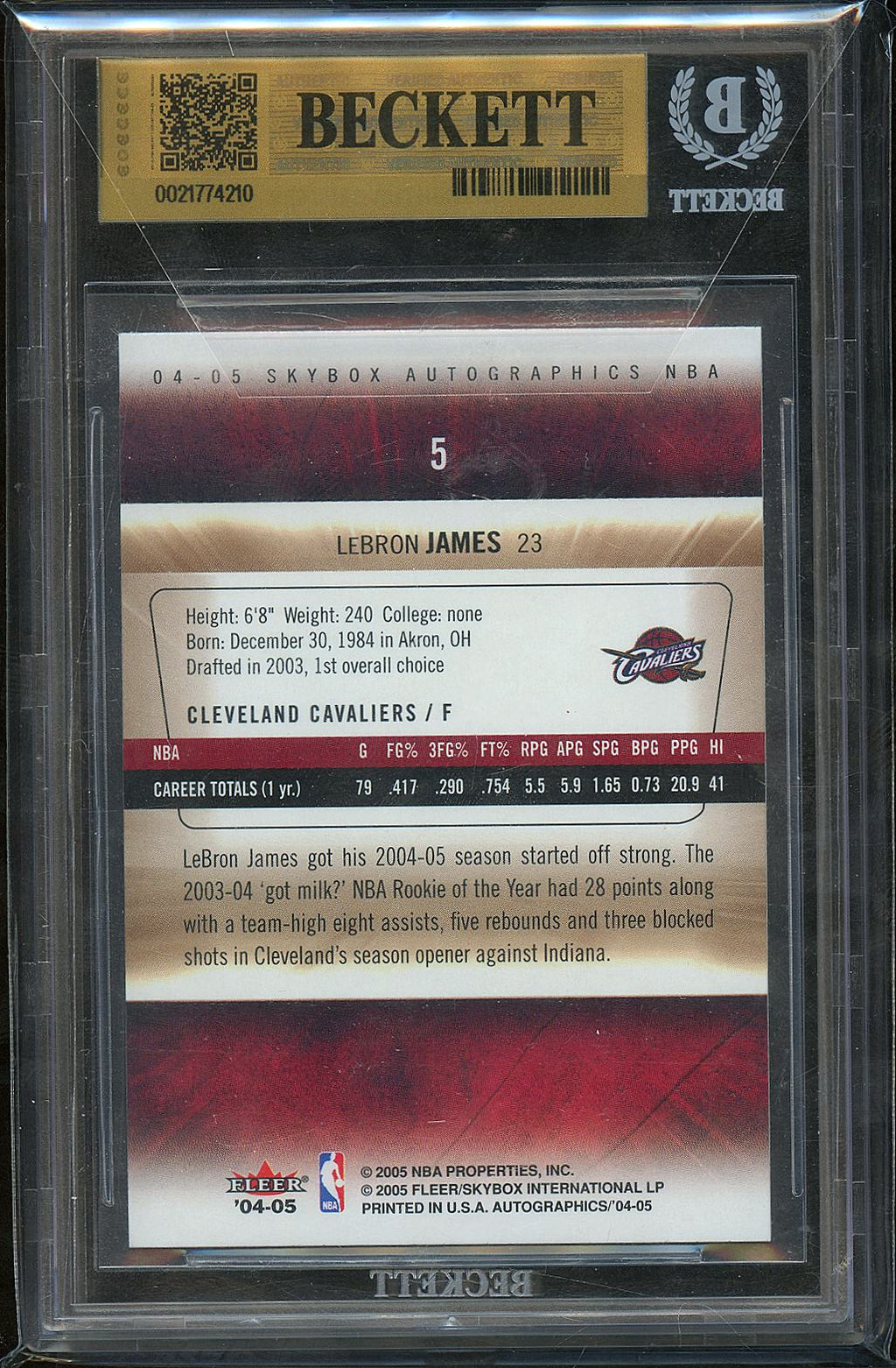LeBron James 2004-05 Skybox Autographics #5 Cleveland Cavaliers BGS 9.5