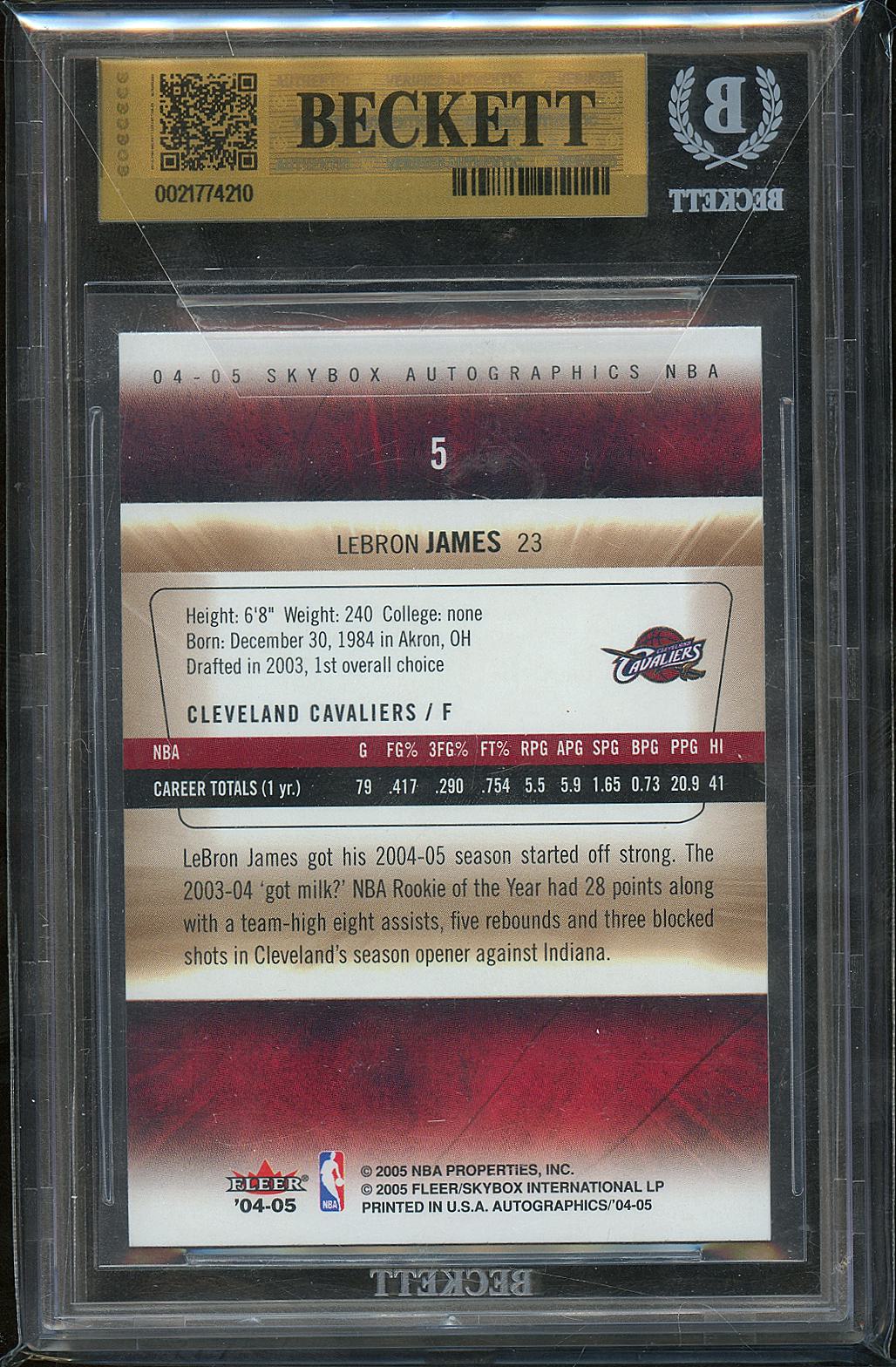 LeBron James 2004-05 Skybox Autographics #5 Cleveland Cavaliers BGS 9.5