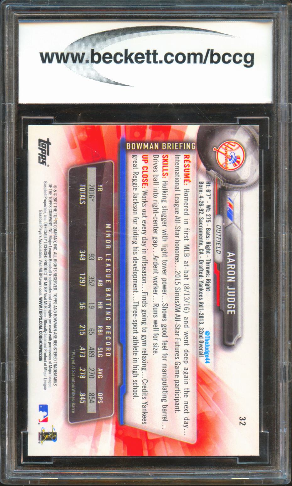 Aaron Judge 2017 Bowman Rookie Card RC #32 BCCG 10 New York Yankees