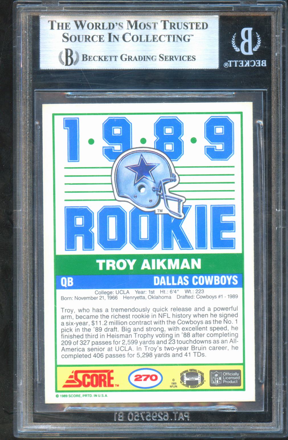 Troy Aikman 1989 Score Rookie Card RC Dallas Cowboys #270 BGS 9