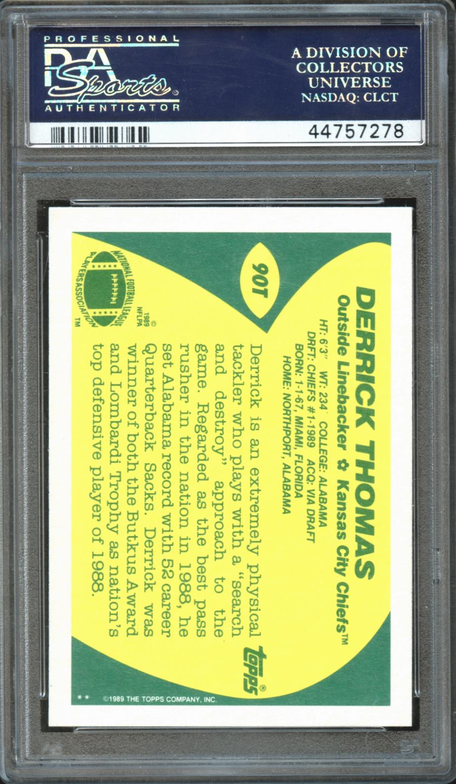 Derrick Thomas 1989 Topps Traded Rookie Card RC #90T PSA 10 Kansas City Chiefs