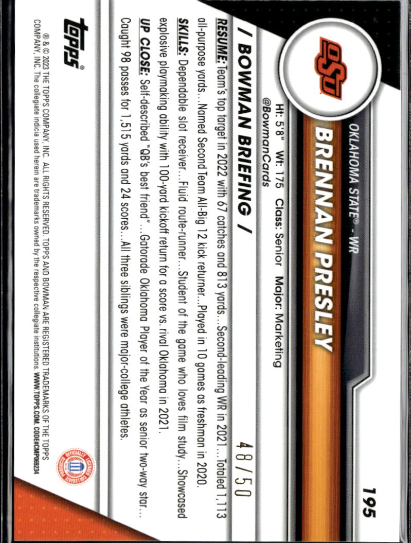 Brennan Presley 2023 Bowman Chrome Sapphire 1st GOLD /50 Oklahoma State OSU