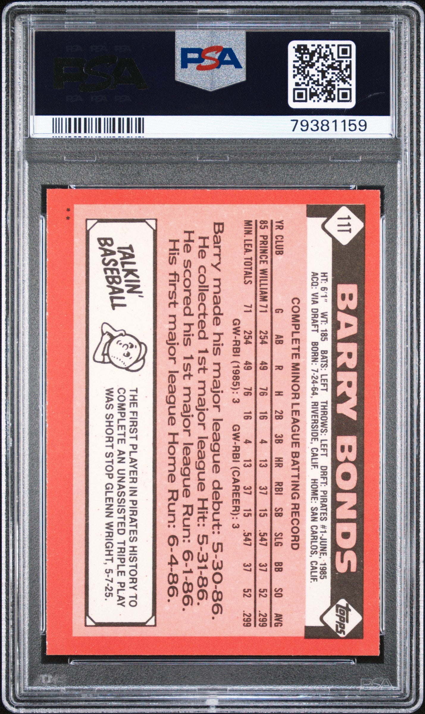 Barry Bonds 1986 Topps Traded Rookie RC Pittsburgh Pirates #11T PSA 9