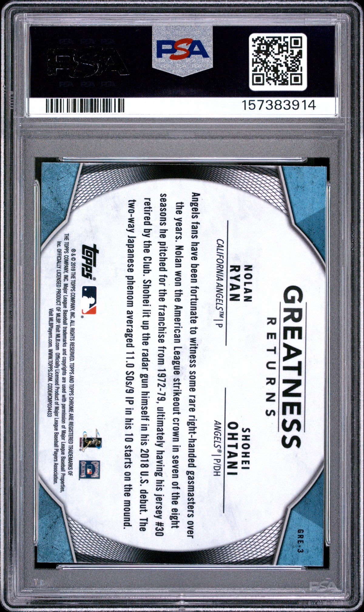 Shohei Ohtani Nolan Ryan 2019 Topps Chrome Greatness Returns LA Angels PSA 10