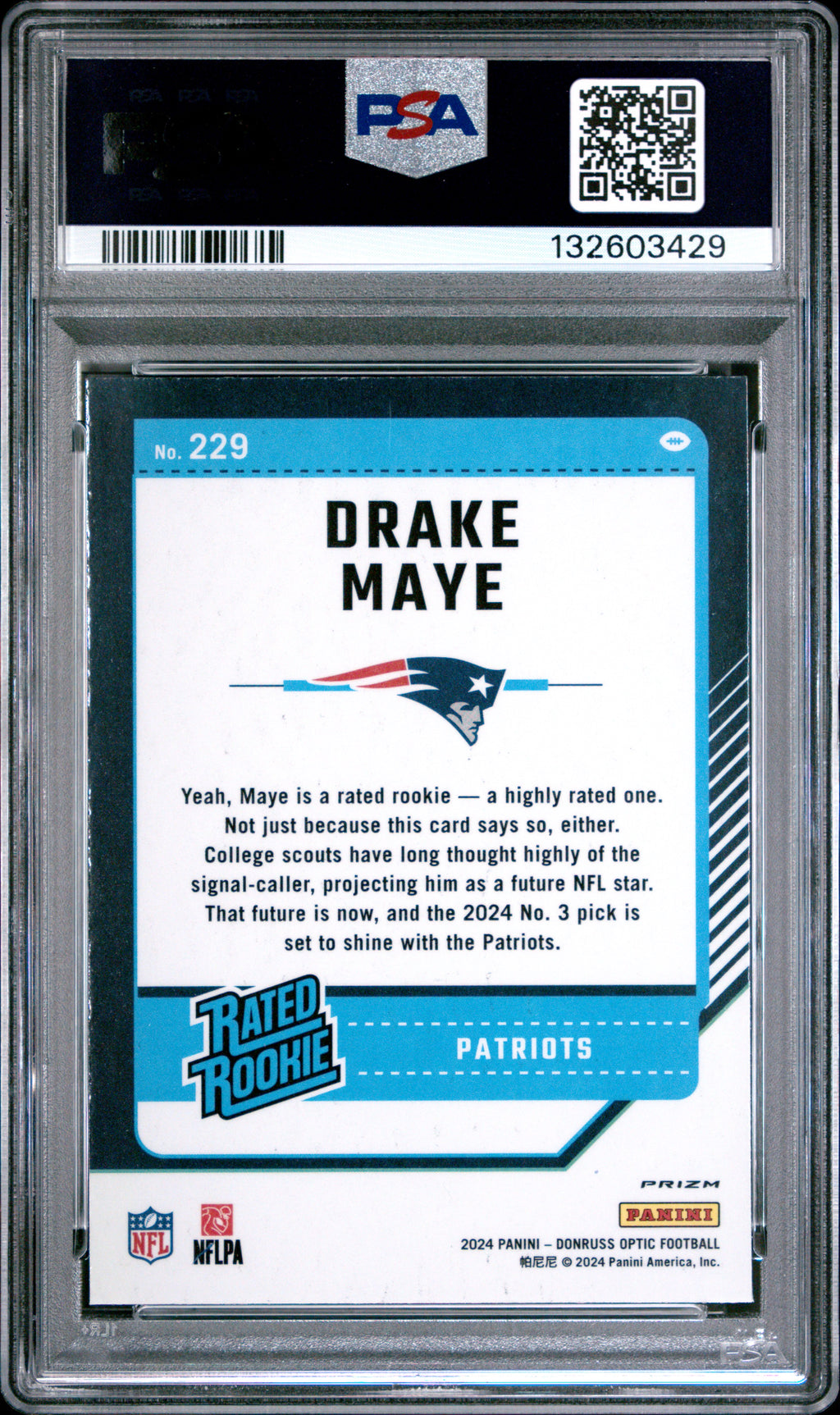 Drake Maye 2024 Optic Rated Rookie Blue Hyper RC New England Patriots #229 PSA 9
