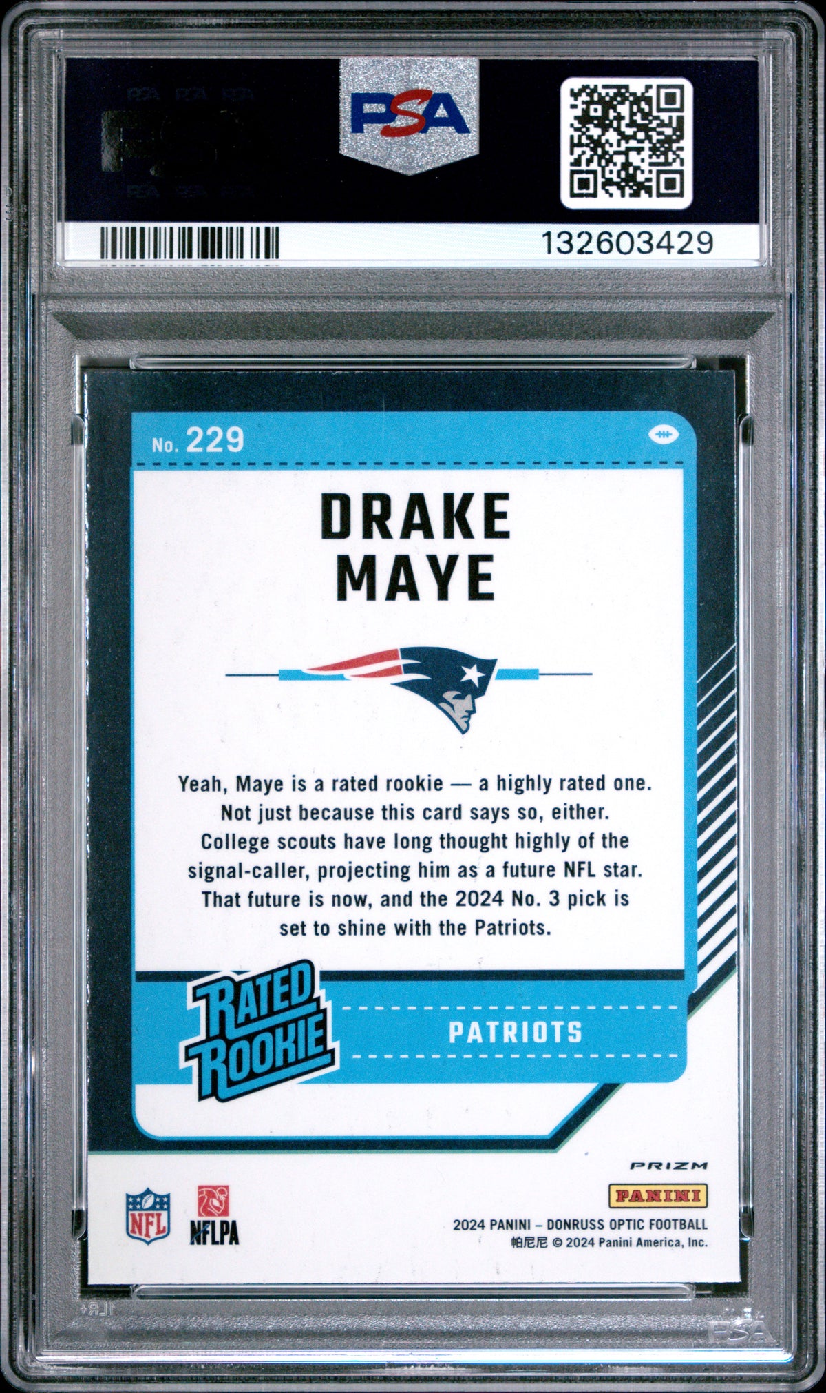 Drake Maye 2024 Optic Rated Rookie Blue Hyper RC New England Patriots #229 PSA 9
