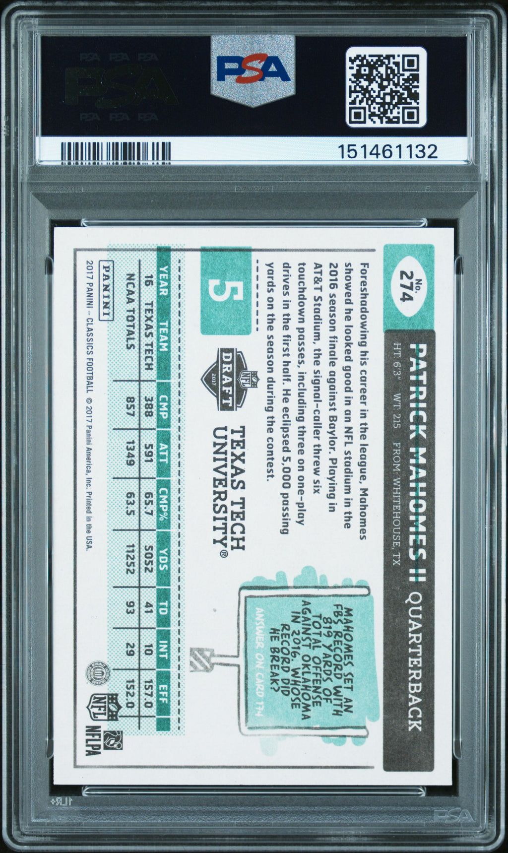 Patrick Mahomes II 2017 Classics Rookie Card RC Texas Tech Cheifs #274 PSA 10
