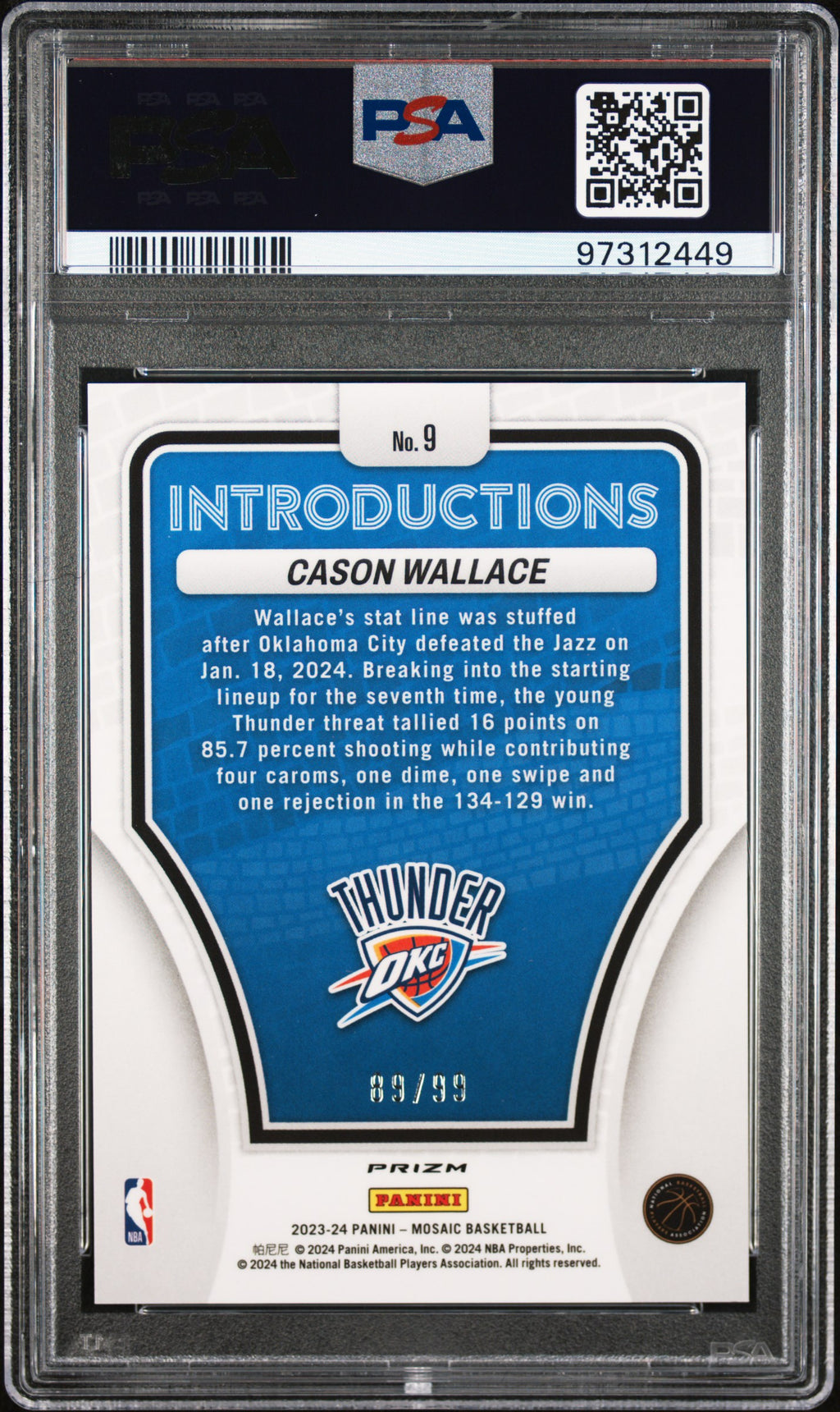 Cason Wallace 2023-24 Mosaic Introductions Purple Prizm RC Thunder 89/99 PSA 10