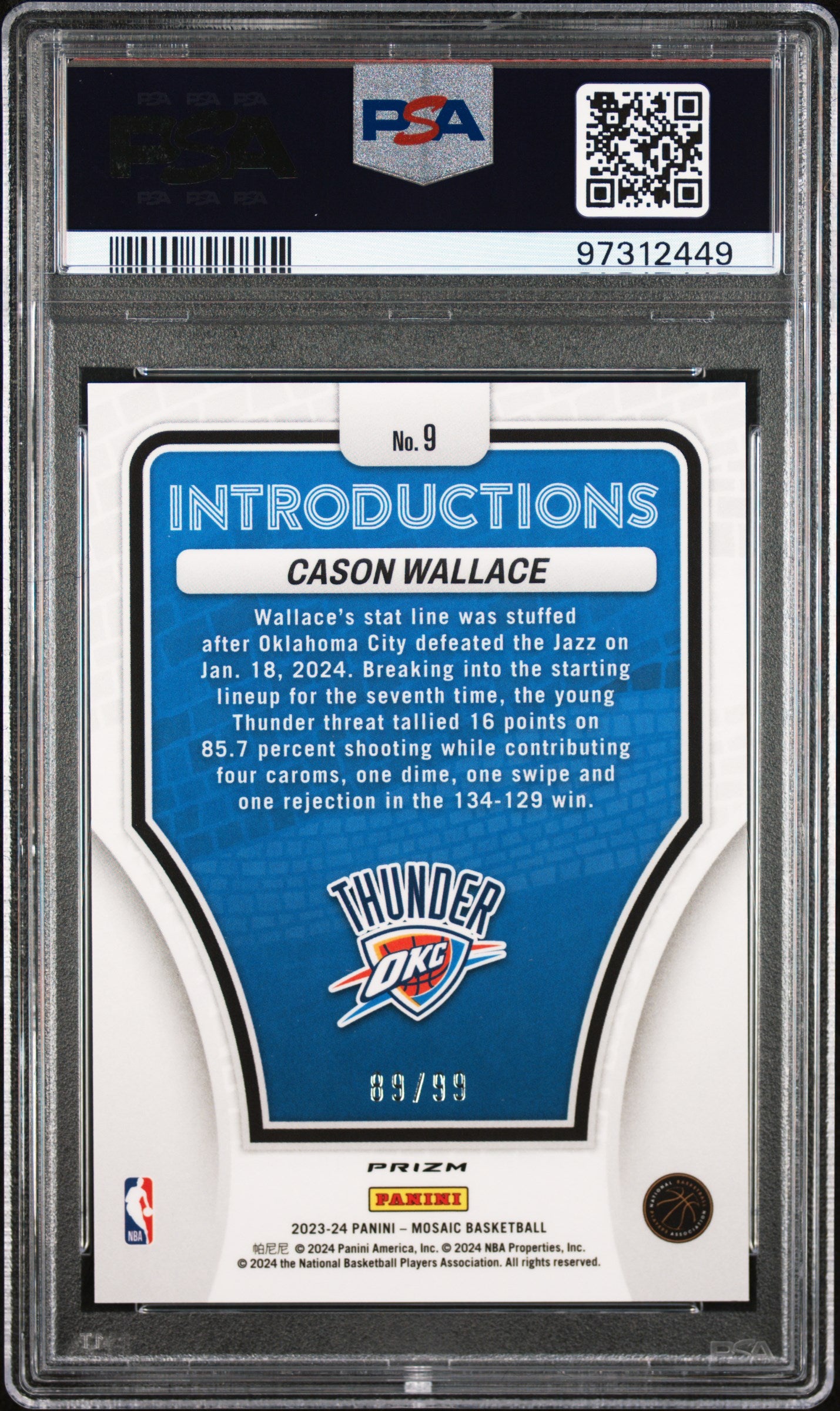 Cason Wallace 2023-24 Mosaic Introductions Purple Prizm RC Thunder 89/99 PSA 10