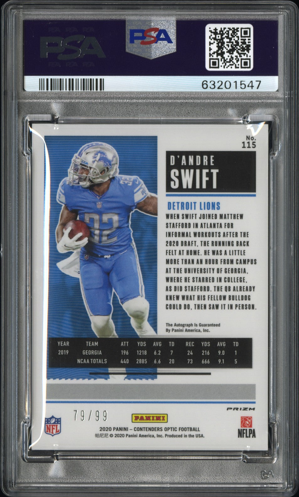 D'andre Swift 2020 Contenders Optic Auto Autograph RC Lions 79/99 PSA 9