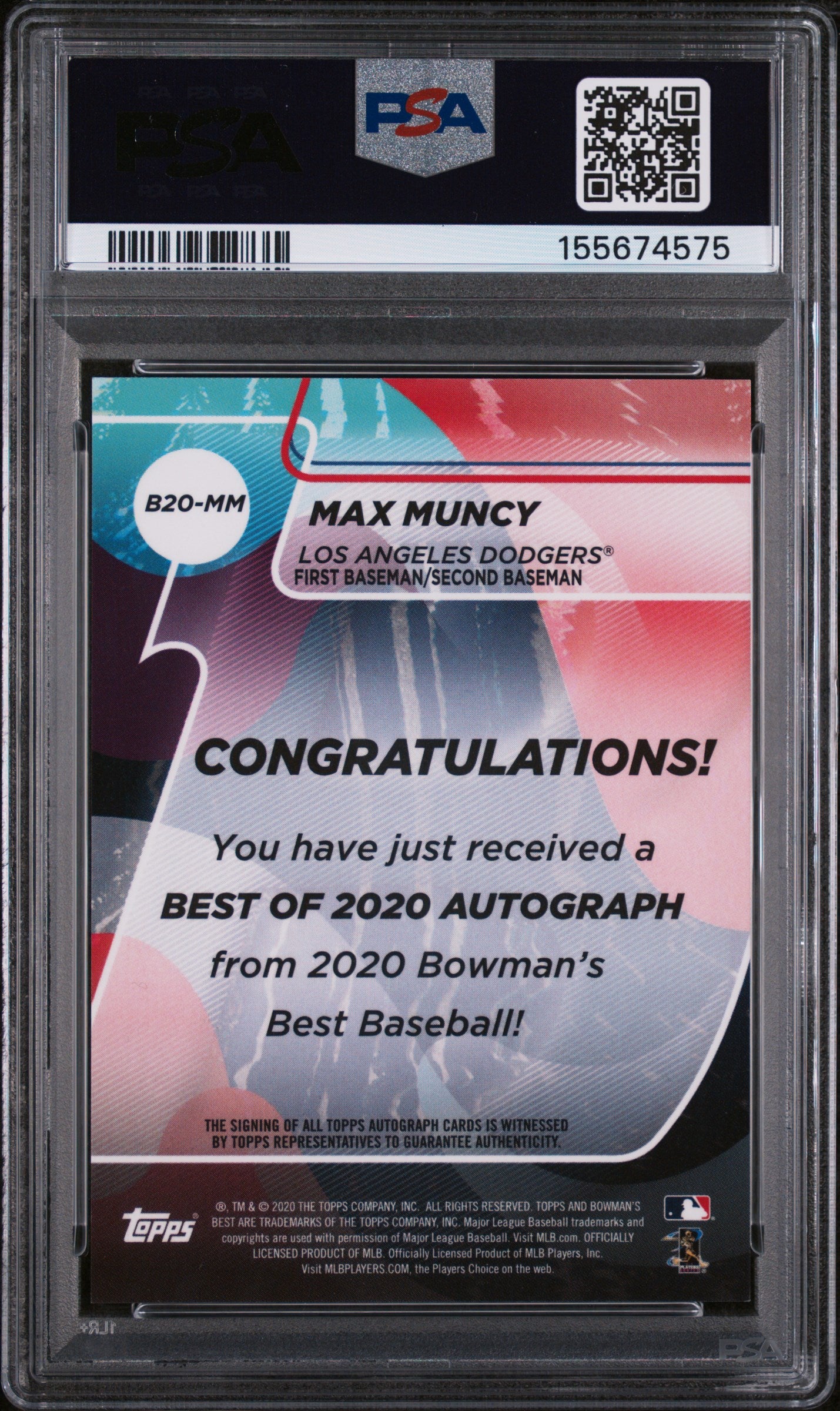 Max Muncy 2020 Bowman's Best Auto Autograph Blue LA Dodgers 116/150 PSA 9