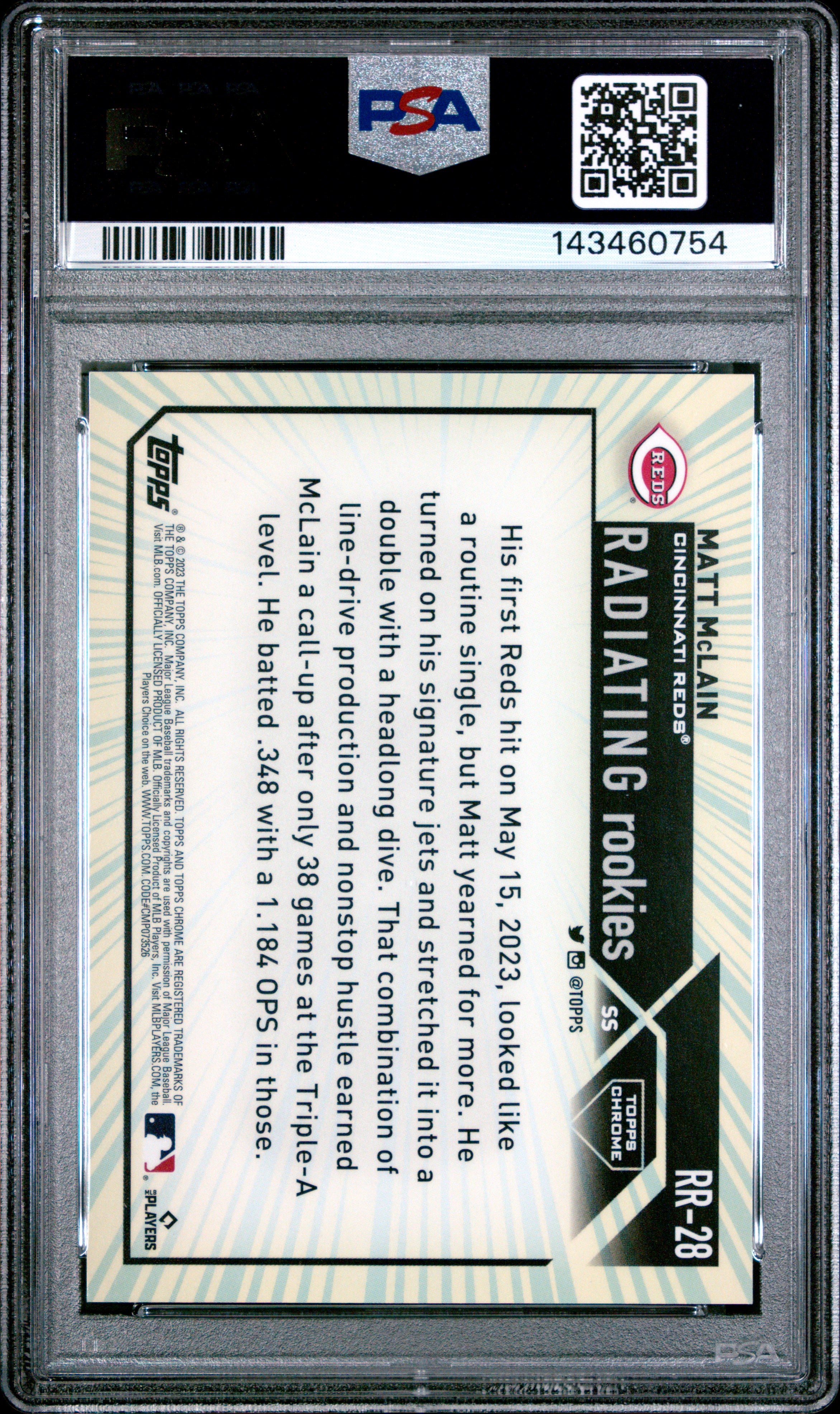 Matt Mclain 2023 Topps Chrome Radiating Rookies SSP RC Cincinnati Reds PSA 10
