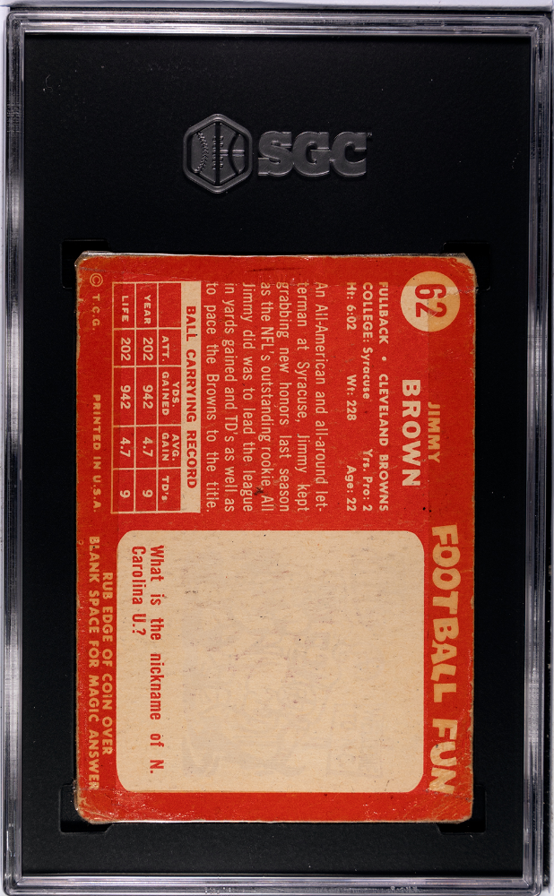 Jimmy Brown 1958 Topps Rookie Card RC Cleveland Browns #62 SGC A