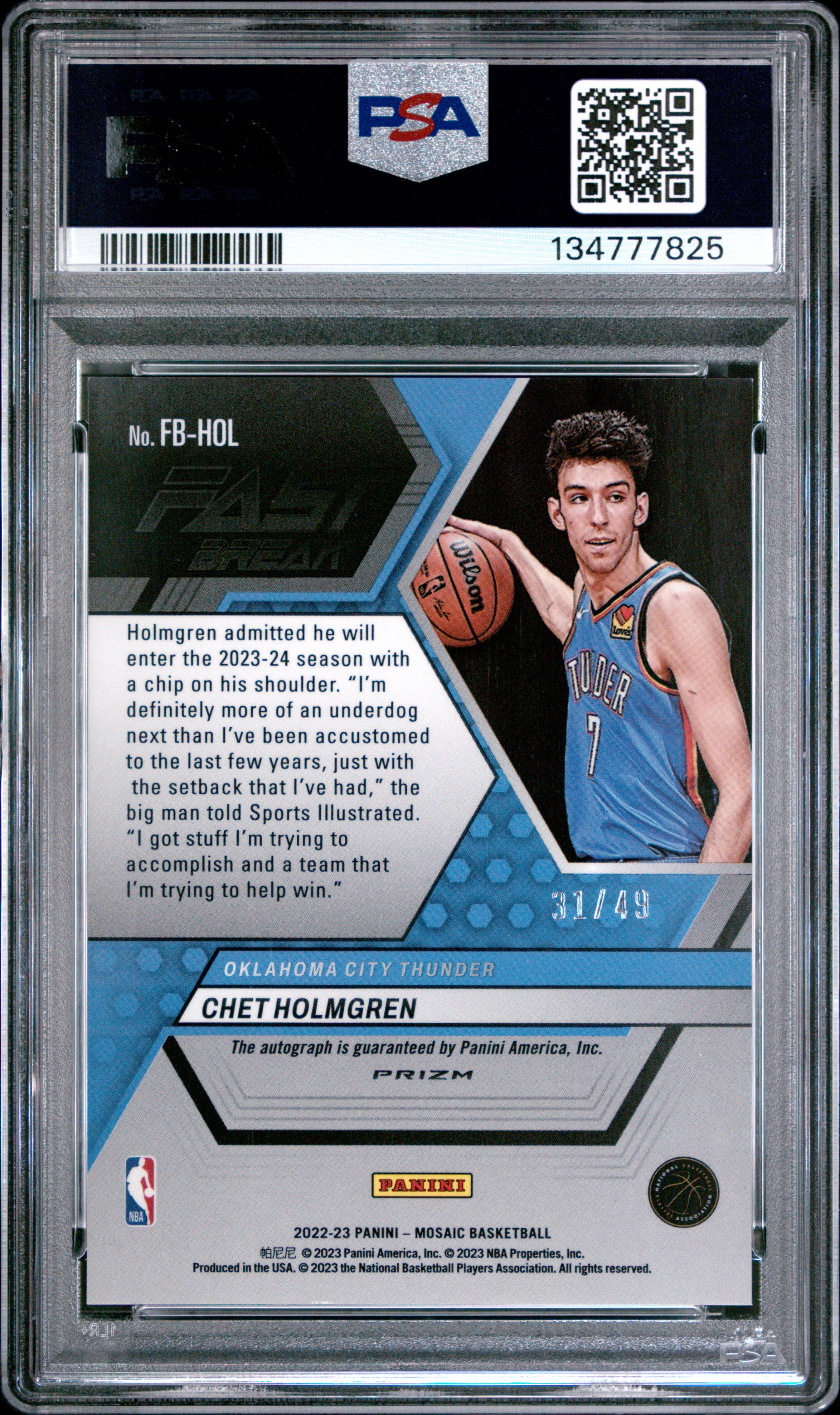 Chet Holmgren 2022-23 Mosaic Fastbreak Red Auto Autograph RC Thunder 31/49 PSA 9