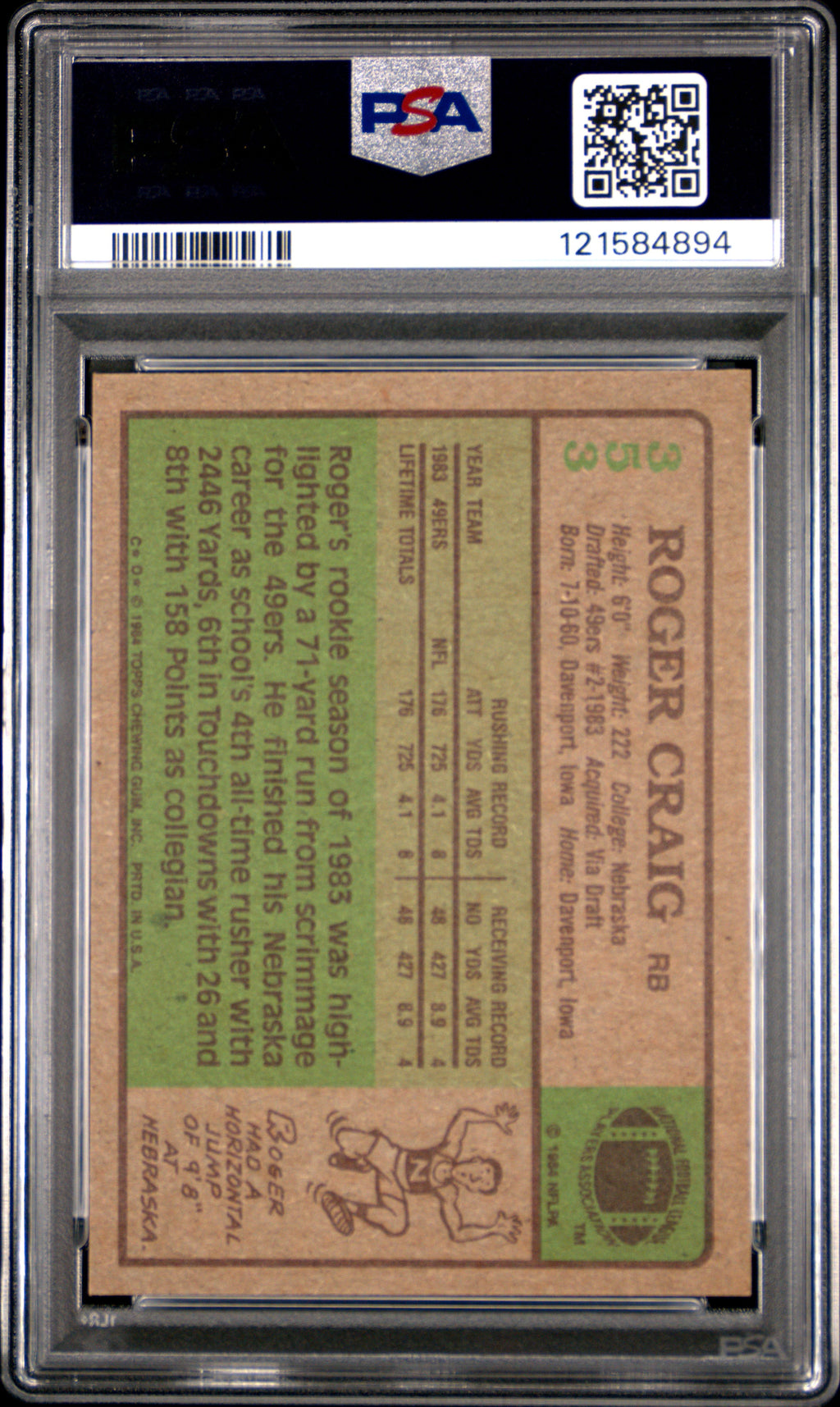 Roger Craig 1984 Topps Rookie Card RC San Francisco 49ers #353 PSA 9