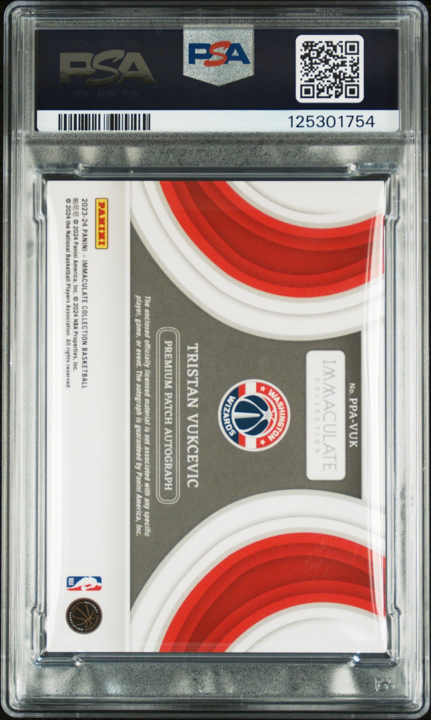 Tristan Vukcevic 2023-24 Immaculate Auto Autograph Patch RC Wizards 20/50 PSA 9