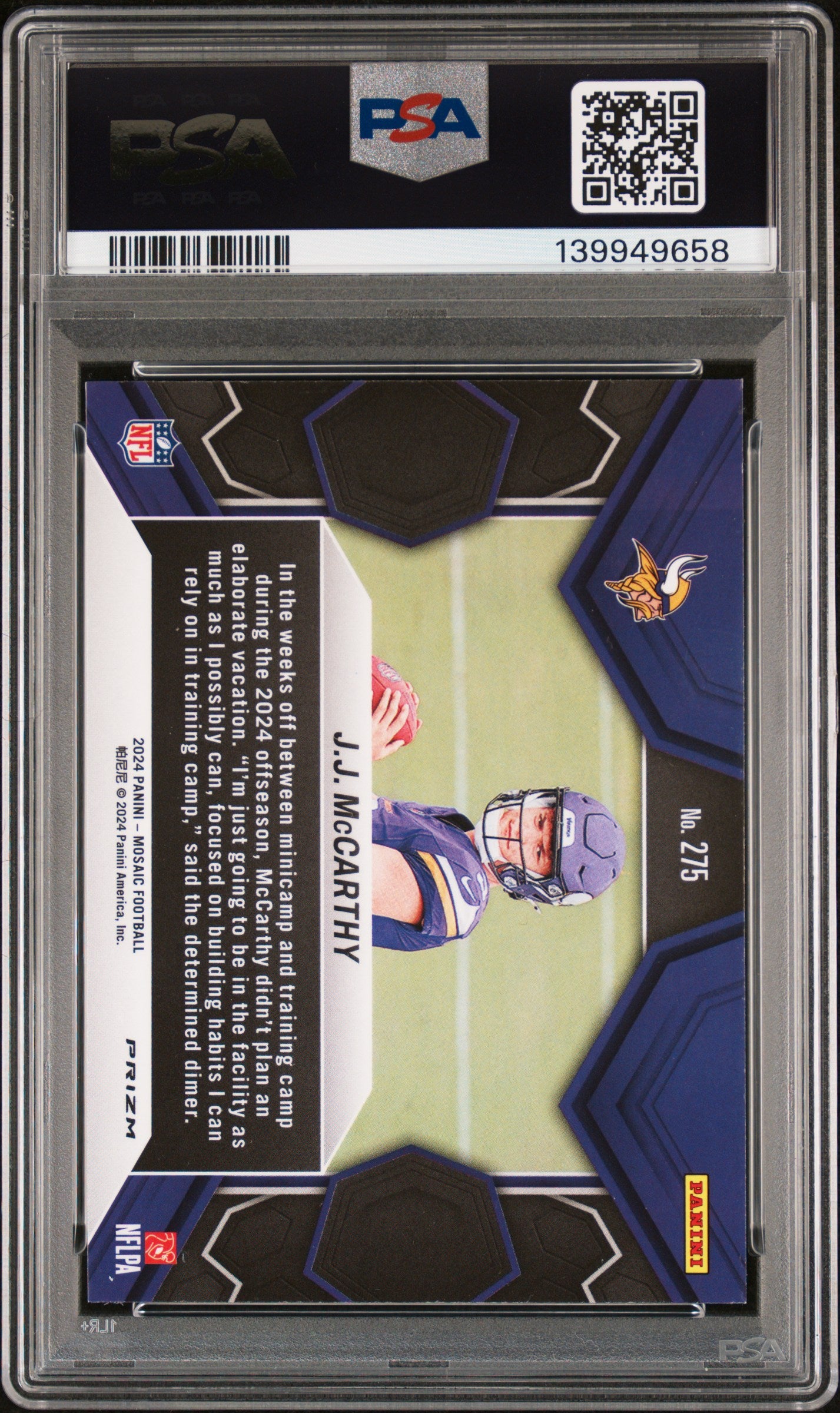 JJ Mccarthy 2024 Mosaic Blue Reactive Rookie RC Minnesota Vikings #275 PSA 10