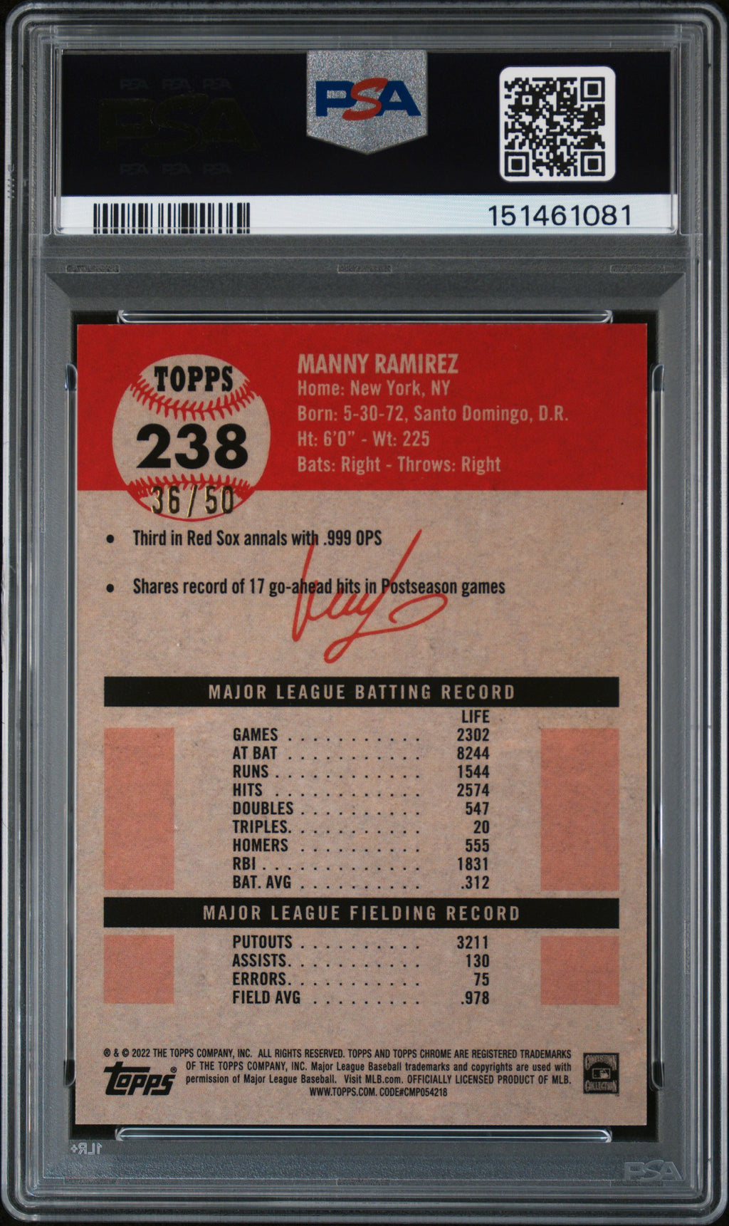 Manny Ramirez 2022 Topps Chrome Platinum GOLD Refractor Red Sox 36/50 PSA 9