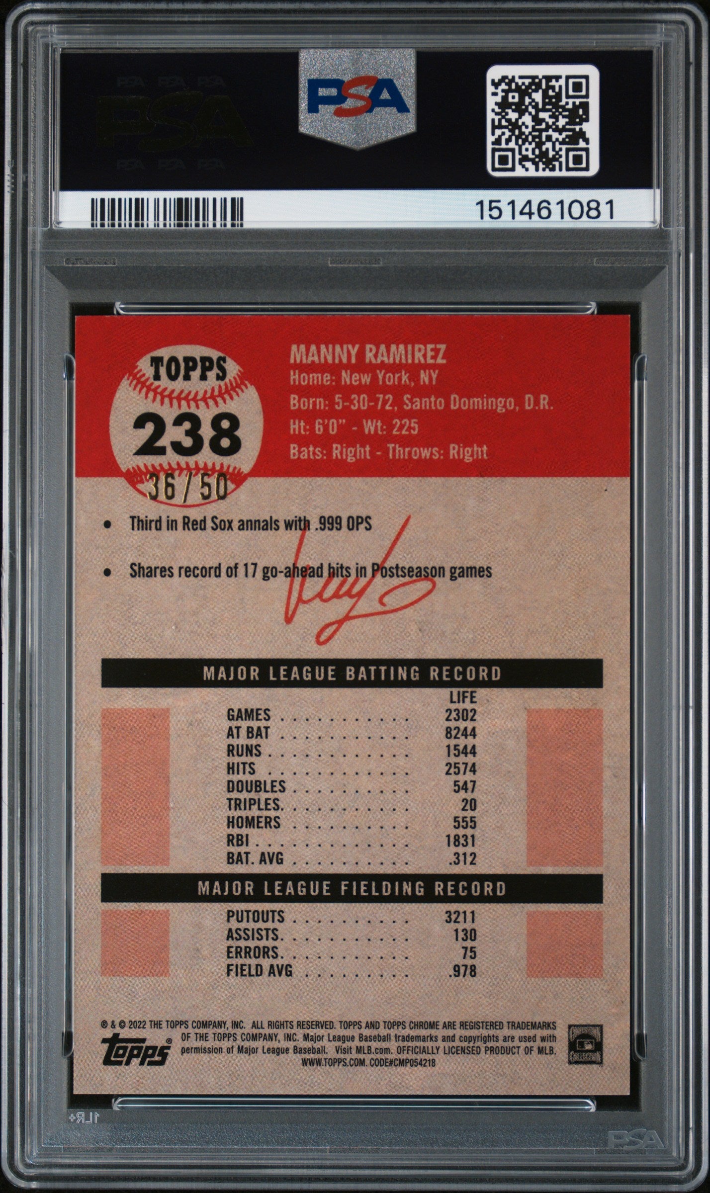 Manny Ramirez 2022 Topps Chrome Platinum GOLD Refractor Red Sox 36/50 PSA 9