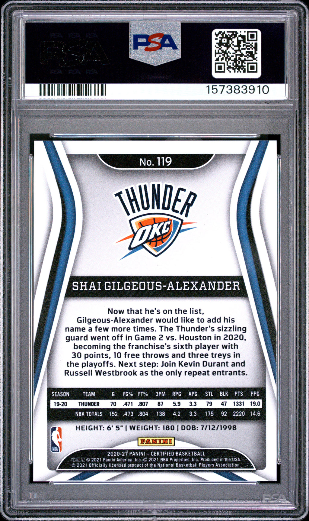 Shai Gilgeous-Alexander 2020-21 Certified Mirror Blue OKC Thunder PSA 9