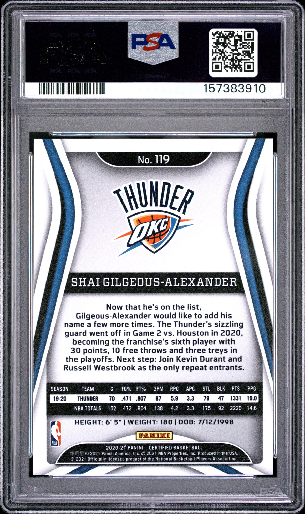 Shai Gilgeous-Alexander 2020-21 Certified Mirror Blue OKC Thunder PSA 9