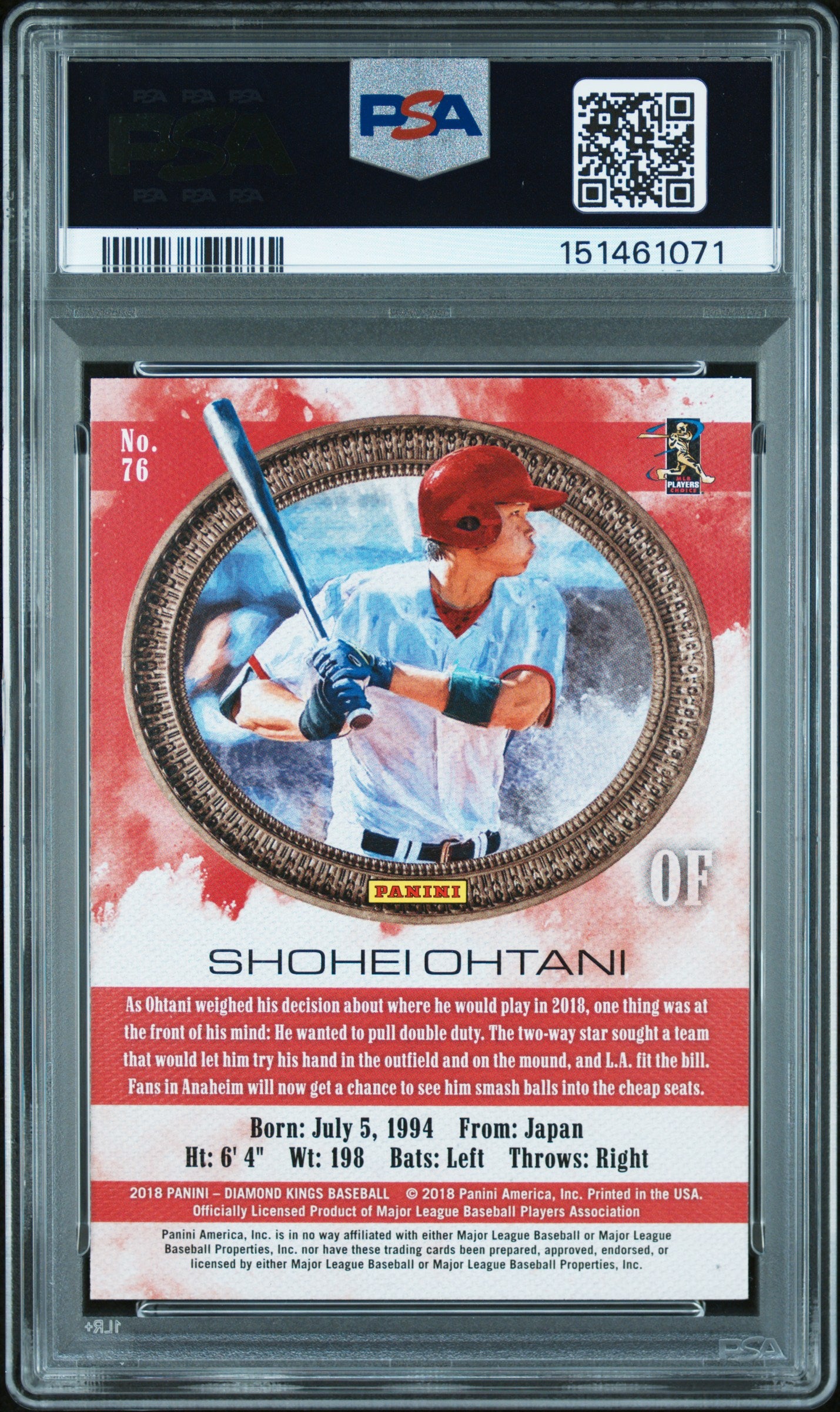 Shohei Ohtani 2018 Panini Diamond Kings Facing Right Rookie RC Angels #76 PSA 10