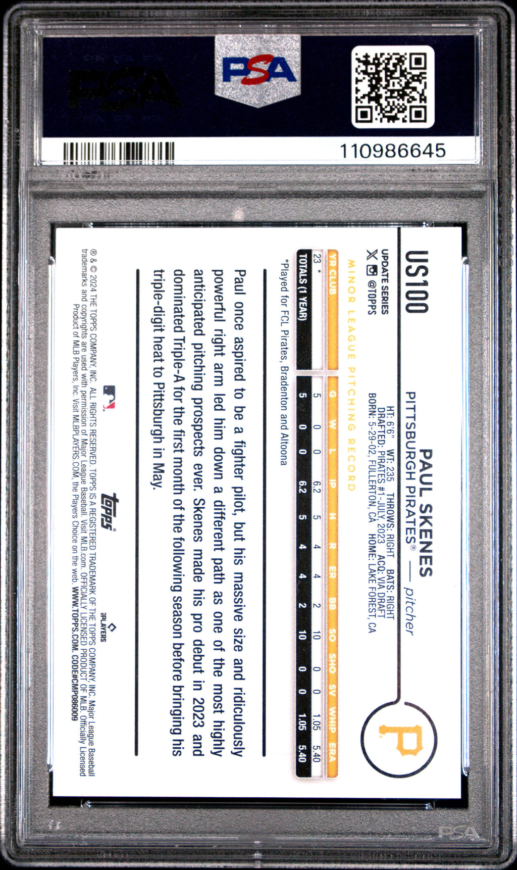 Paul Skenes 2024 Topps Update Yellow Rookie RC Pittsburgh Pirates #US100 PSA 9
