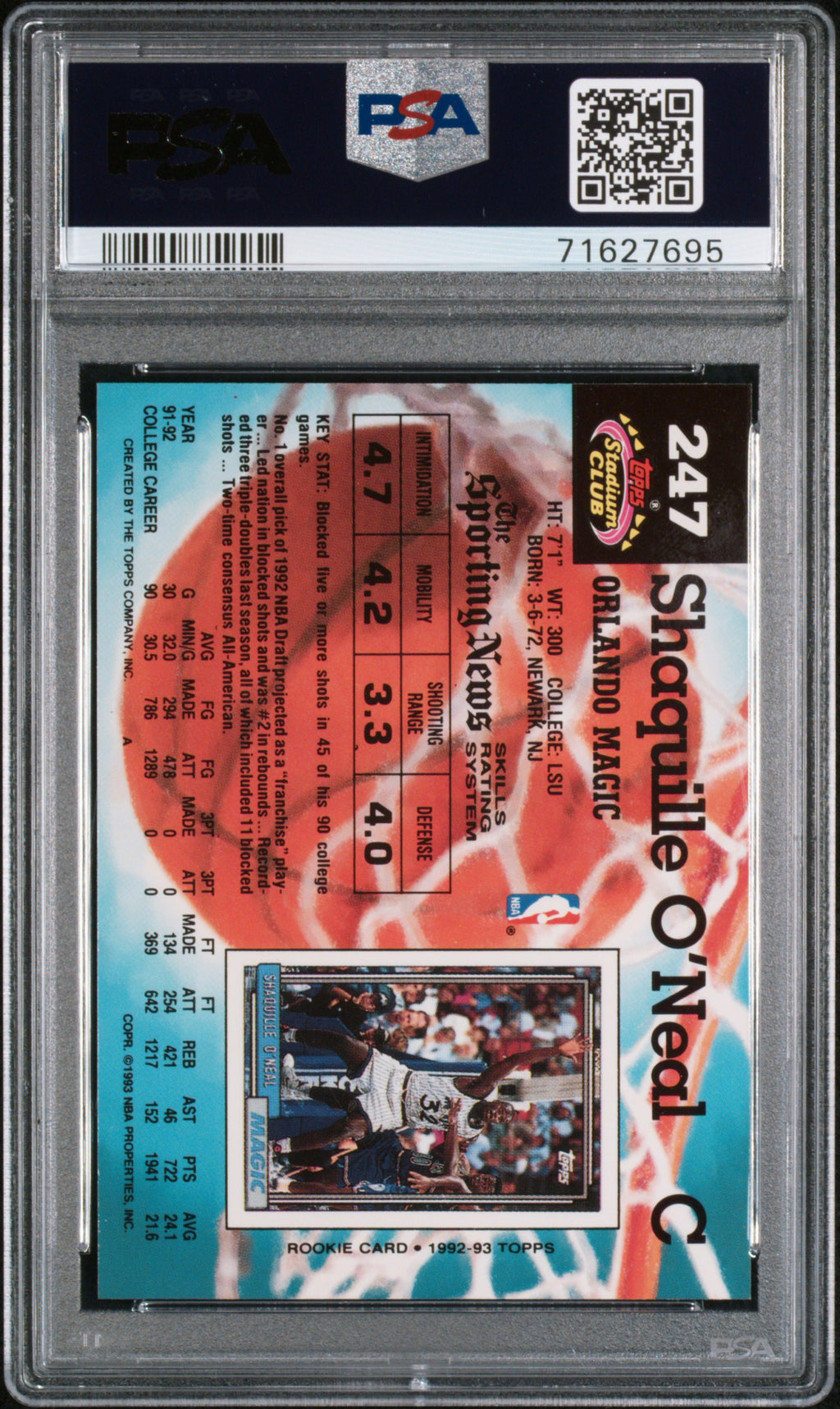 Shaquille O'Neal 1992-93 Stadium Club Rookie RC Orlando Magic #247 PSA 8