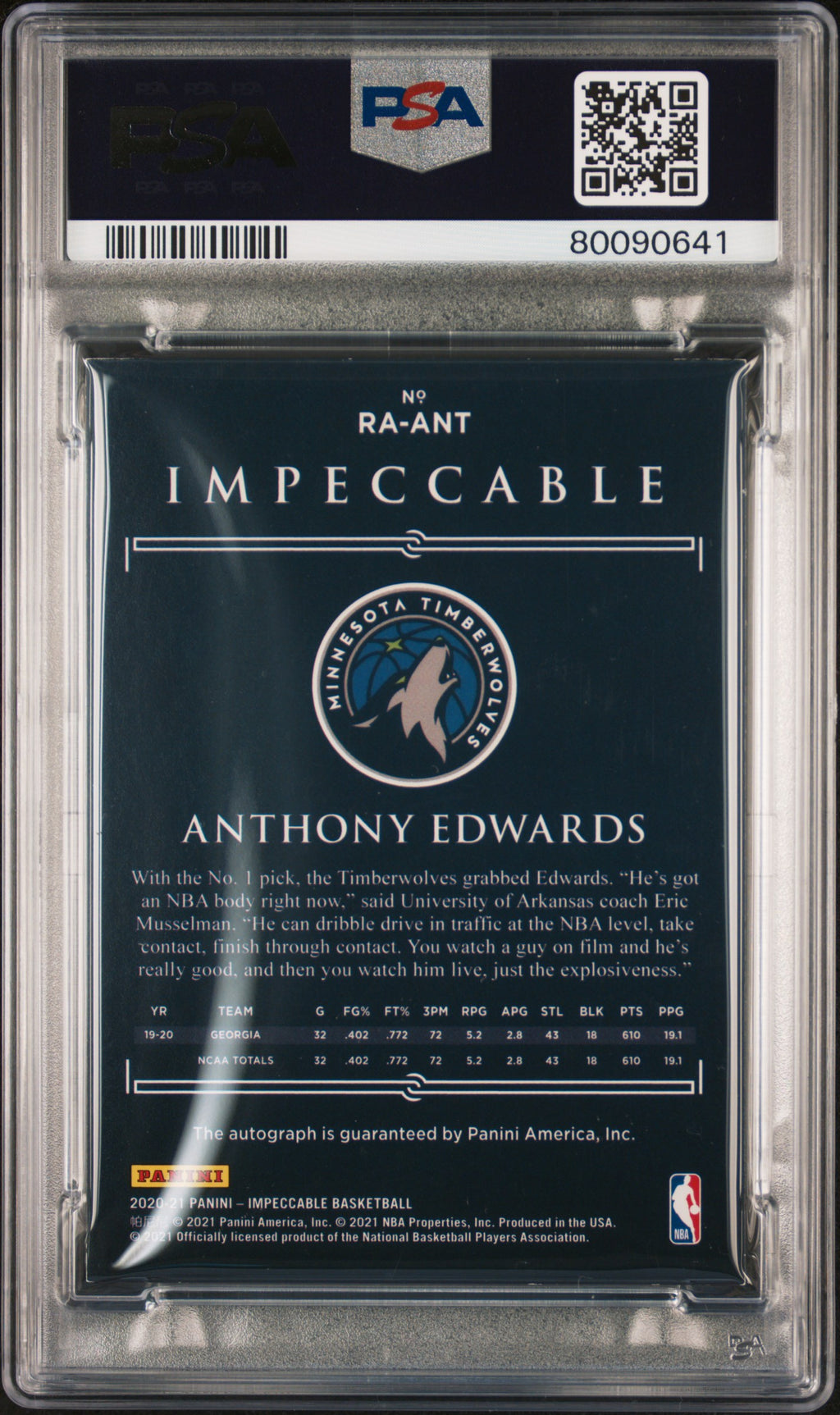 Anthony Edwards 2020 Impeccable Autograph RC Timberwolves 60/99 PSA Authentic 10