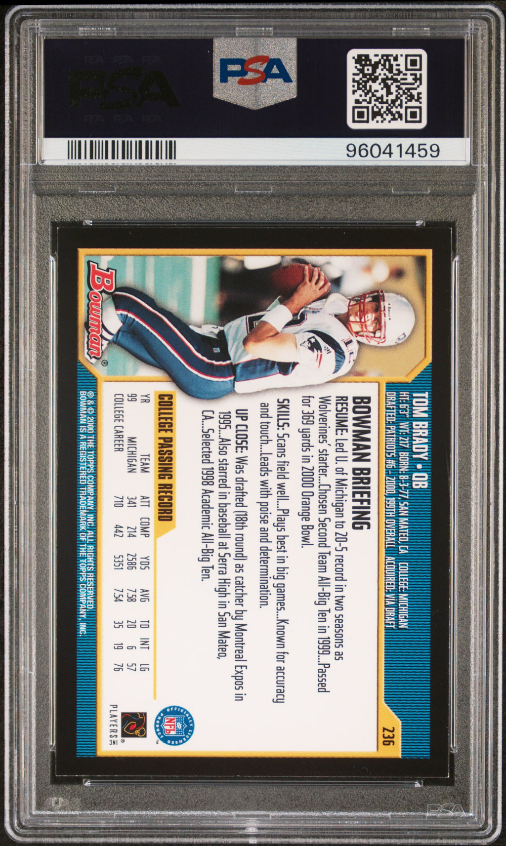 Tom Brady 2000 Bowman Rookie RC New England Patriots #236 PSA 7