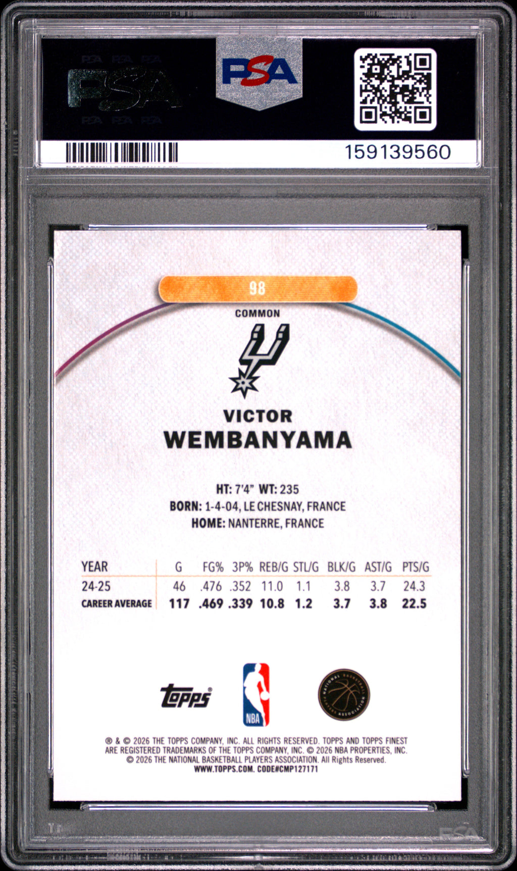 Victor Wembanyama 2025 Topps Finest Oil Spill Refractor Spurs #98 PSA 9