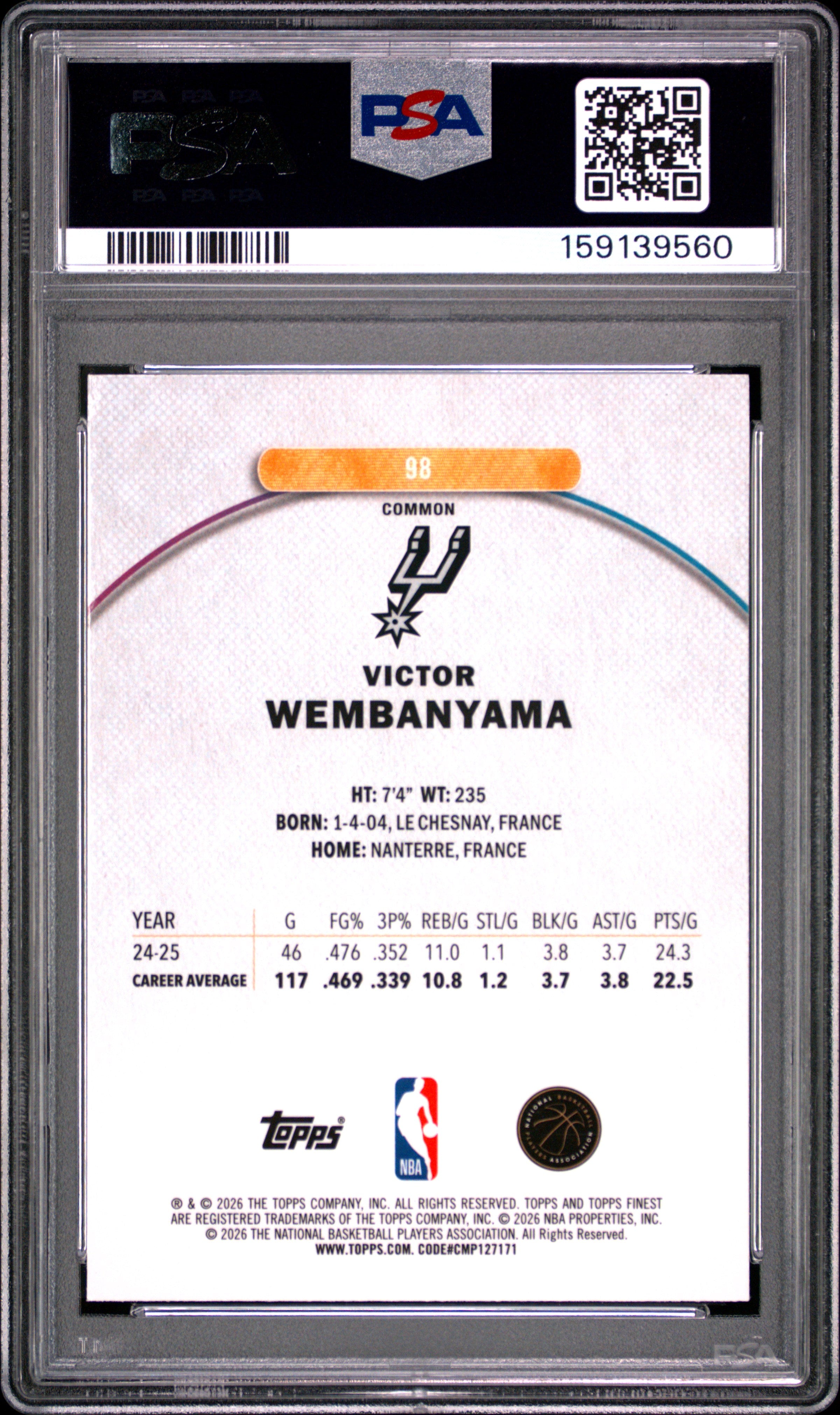 Victor Wembanyama 2025 Topps Finest Oil Spill Refractor Spurs #98 PSA 9