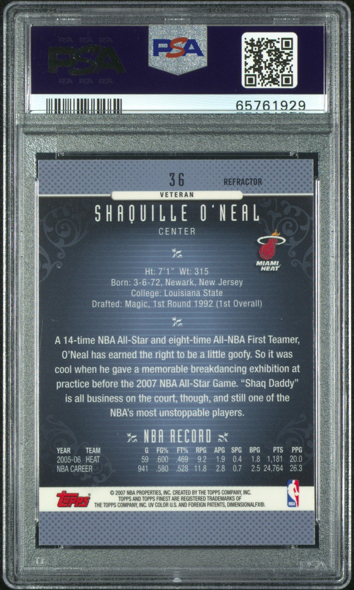 Shaquille O'Neal 2006-07 Finest Refractor Miami Heat #36 PSA 9