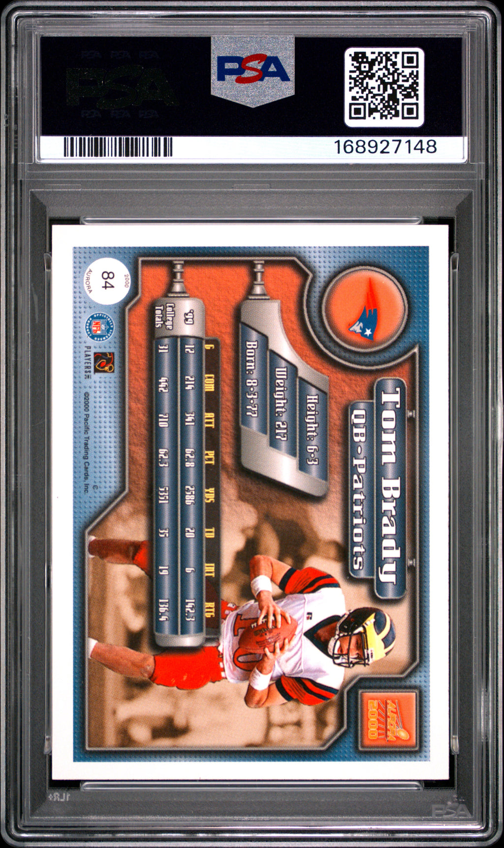 Tom Brady 2000 Pacific Aurora Rookie RC Michigan New England Patriots #84 PSA 10
