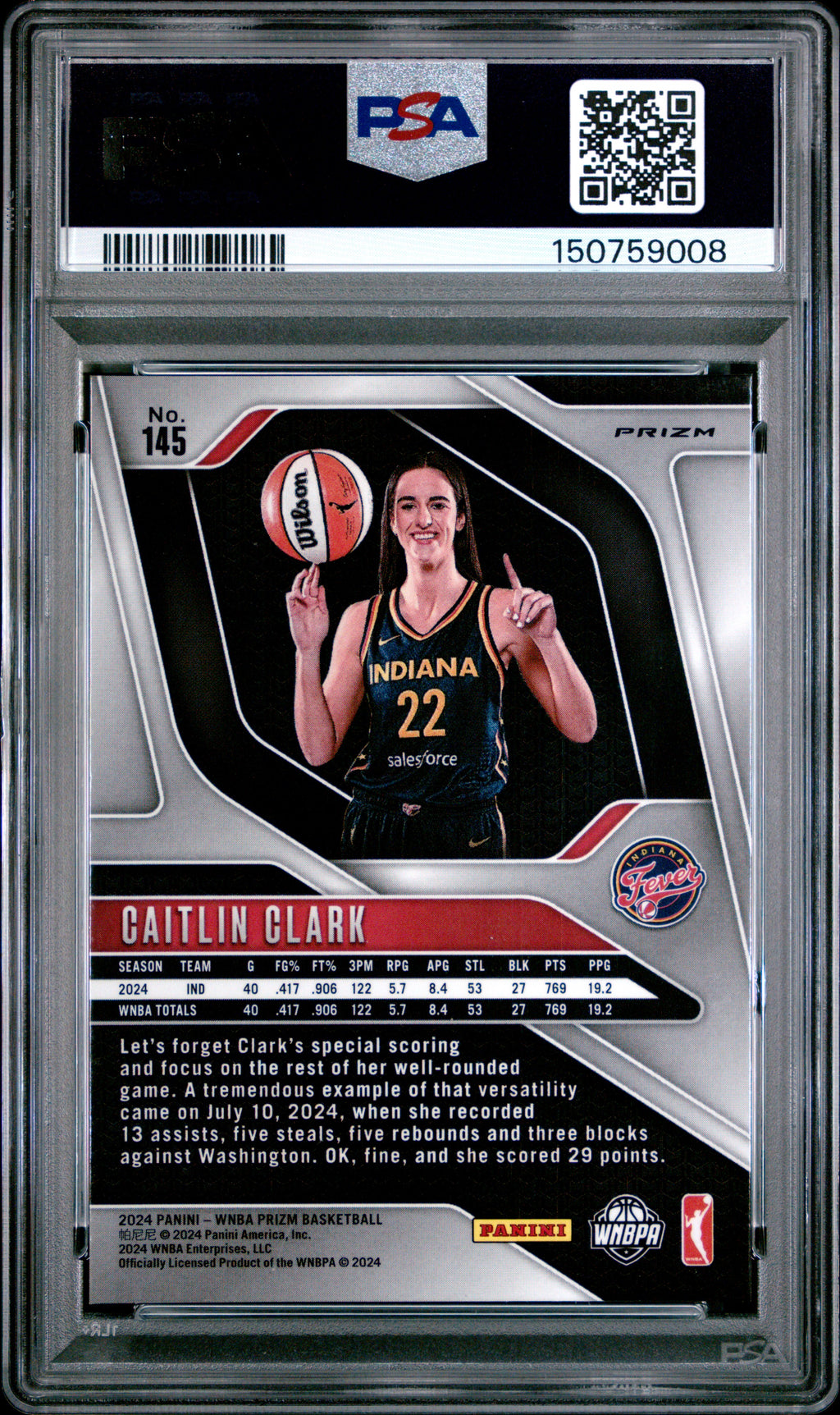 Caitlin Clark 2024 Prizm WNBA Silver Prizm Variation Rookie RC Fever #145 PSA 8