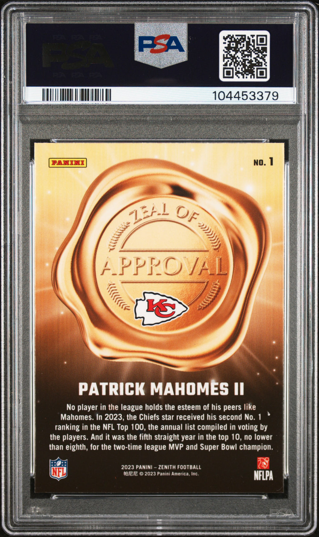 Patrick Mahomes II 2023 Zenith Zeal Of Approval Blue Prizm KC Chiefs PSA 10