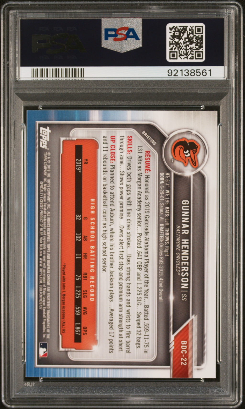 Gunnar Henderson 2019 Bowman Chrome 1st Rookie RC Baltimore Orioles PSA 10